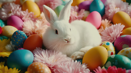 A fluffy white bunny on a soft fabric, surrounded by colorful Easter eggs and flowers, with plenty of open space for customized holiday messages or designsの素材
