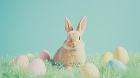 A fluffy Easter bunny with soft green grass and Easter eggs in the background, leaving plenty of copy space for custom text or festive greetingsの素材