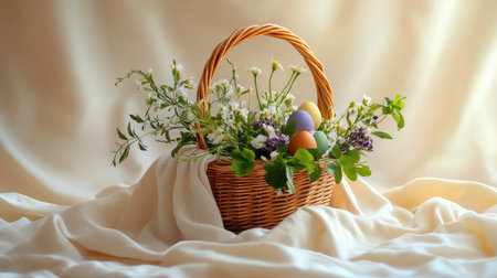 A rustic woven basket filled with colorful painted eggs and surrounded by fresh spring flowers, resting on a soft pastel-colored cloth with room for custom text or designsの素材