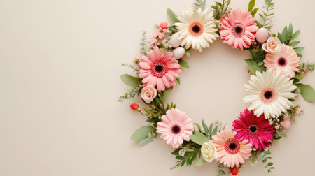 A fresh spring flower wreath in pastel colors, placed against a light-colored background with empty space in the center for Happy Easter messagesの素材