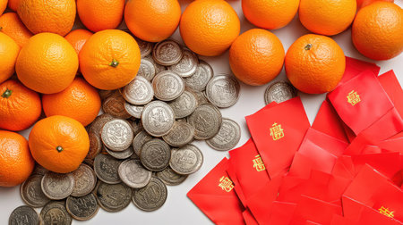 A flat lay of Chinese New Year treats such as oranges, red envelopes, and decorative coins, with ample empty space for festive contentの素材