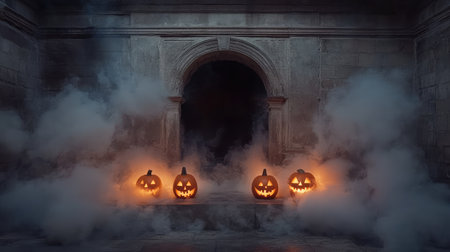 A spooky corner with carved pumpkins glowing in the dark, surrounded by eerie smoke and empty space in the foreground for copy or graphicsの素材
