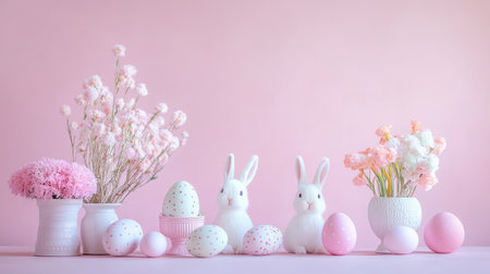 A pastel-themed Easter centerpiece with flowers, decorated eggs, and soft bunnies arranged in a visually appealing way, with room for customized festive textの素材