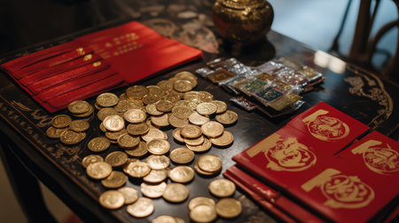 A table covered with Chinese New Year symbols such as gold coins and red envelopes, with a large section of open space for festive copy or designの素材