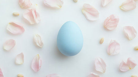 A soft pastel Easter egg surrounded by delicate flower petals on a white background, leaving room in the center for copy spaceの素材