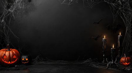 Black and orange Halloween setup with candles, pumpkins, and cobwebs, leaving a clear space in the middle for Halloween-related contentの素材