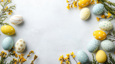Brightly colored Easter eggs scattered on a white surface, with empty space in the background for creative holiday-themed messages or designsの素材