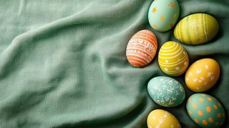 Brightly colored Easter eggs arranged on a soft green cloth, with room for custom copy or festive messages surrounding the eggsの素材