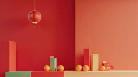 Chinese New Year decorations, including oranges, red envelopes, and lanterns, with plenty of empty space in the foreground for copy or custom graphicsの素材