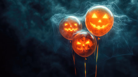 Colorful Halloween balloons with spider web string against a dark backdrop, glowing softly with copy spaceの素材