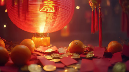 Close-up of a glowing Chinese lantern surrounded by red envelopes, gold coins, and oranges, with plenty of space in the foreground for messagesの素材
