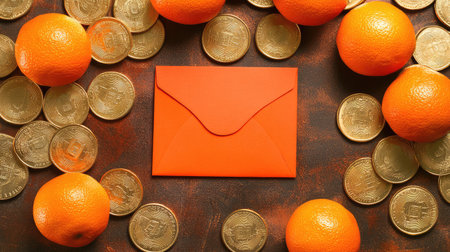 Close-up of a traditional Chinese red envelope surrounded by golden coins and oranges, with ample space in the center for festive designs or textの素材