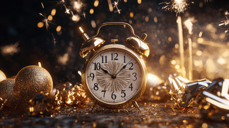 Decorative golden clock counting down with dramatic lighting and celebratory props surrounding itの素材