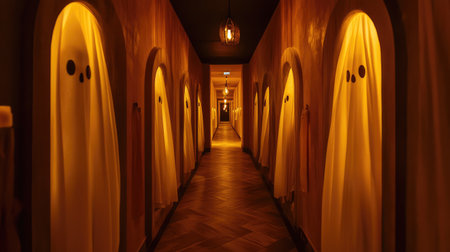 Dim hallway with hanging ghost decorations, flickering lights, and spooky ambiance with empty center spaceの素材
