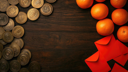 Golden Chinese coins, red envelopes, and oranges arranged neatly on a dark wooden surface, leaving an empty section in the center for festive text or graphicsの素材