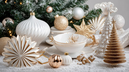 Elegant gold and white Christmas decor on a neutral background, minimalistic and classy copy spaceの素材