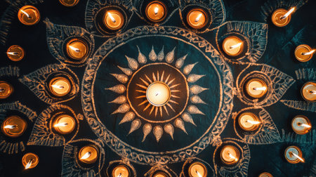 Diwali rangoli with symmetrical patterns and candles illuminating the design from all sides, clean center spaceの素材