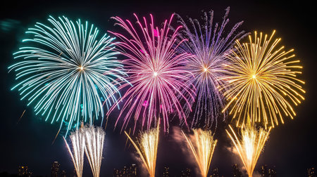 Fireworks lighting up the night sky with colorful bursts above a city skyline, vibrant New Year celebration with space for copyの素材