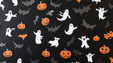 Flat lay of paper cutout Halloween decorations like ghosts, pumpkins, and cats scattered on black paperの素材