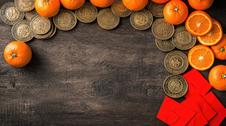 Golden Chinese coins, red envelopes, and oranges arranged neatly on a dark wooden surface, leaving an empty section in the center for festive text or graphicsの素材
