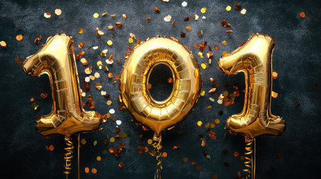 Gold foil balloons shaped like numbers with falling confetti on a dark background, celebration style with spaceの素材
