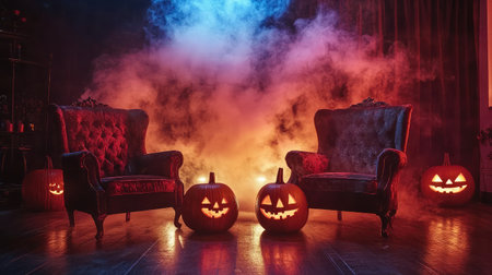 Haunted party setup with dim lighting, glowing pumpkins, and eerie smoke in the background, leaving a large space in the foreground for Halloween graphicsの素材