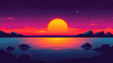 Vibrant gradient of sunset colors over sea horizon, peaceful and colorful background for design spaceの素材