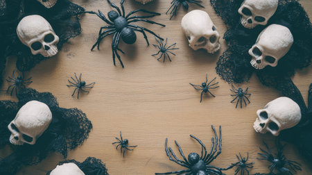 Spooky Halloween decoration with fake spiders, black lace, and small skulls scattered on a wooden table with open space in the center for creative text placementの素材