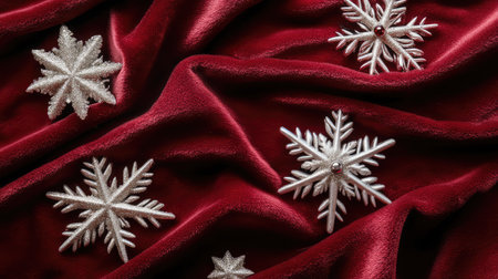 Snowflakes and stars on red velvet background, rich texture and clear holiday copy spaceの素材