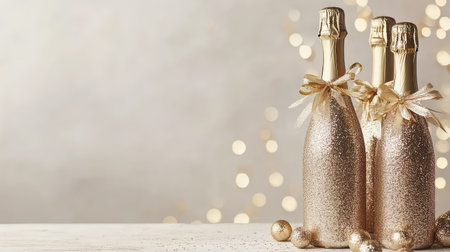 Wrapped champagne bottles in glitter paper with ribbons and bright background, elegant New Year celebrationの素材