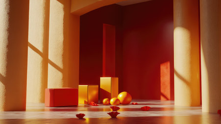 Traditional Chinese decorations like gold ingots, red envelopes, and oranges, with empty space for custom text or creative contentの素材