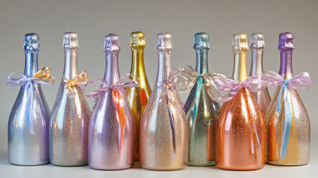 Wrapped champagne bottles in glitter paper with ribbons and bright background, elegant New Year celebrationの素材
