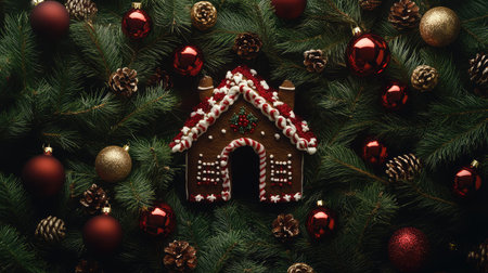 Top view of gingerbread house surrounded by ornaments and fir, cozy festive flat lay with spaceの素材