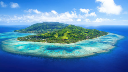Aerial view of green island surrounded by crystal-clear water and coral reef, bright tropical scenery from aboveの素材