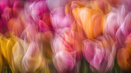 Abstract blurred image of colorful tulips in a spring garden, warm tones and bokeh ideal for cheerful copy spaceの素材
