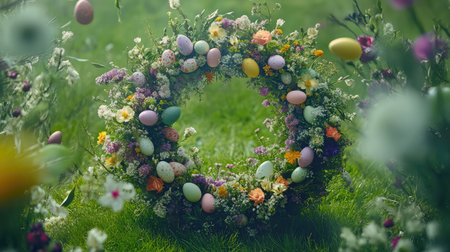 A delicate Easter greeting card surrounded by a soft wreath of flowers and Easter eggs, leaving open space on the card for custom text and holiday greetingsの素材