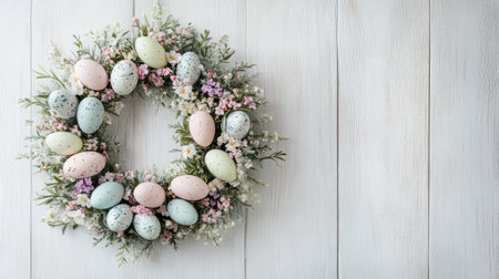 A delicate Easter wreath with pastel flowers and eggs on a light-colored wooden table, leaving plenty of space for festive copy or designsの素材