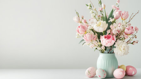 A beautifully arranged Easter centerpiece with decorated eggs and delicate floral accents, leaving ample space for personalized holiday text or seasonal greetingsの素材