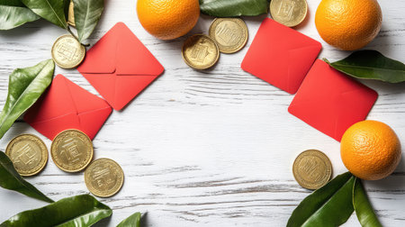 A beautifully arranged Chinese New Year scene with red envelopes, golden coins, and oranges, leaving space in the middle for messages or graphicsの素材