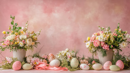 A beautiful display of Easter ornaments such as decorated eggs, floral arrangements, and ribbons, surrounded by ample space for holiday greetings or creative textの素材