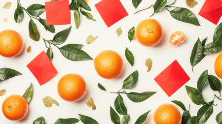 A Chinese New Year-themed flat lay featuring oranges, red envelopes, and golden decorations, leaving space in the middle for a greeting or designの素材