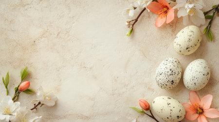 A charming Easter greeting card with a spring floral design and Easter egg accents, placed on a soft neutral background, offering space for personalized holiday messagesの素材
