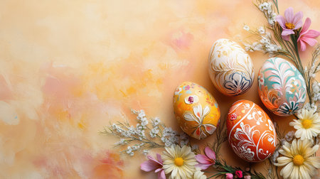 A charming Easter greeting card with intricate floral accents and painted eggs, placed on a soft background, offering ample room for custom text or Easter greetingsの素材