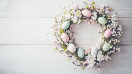 A delicate Easter wreath with pastel flowers and eggs on a light-colored wooden table, leaving plenty of space for festive copy or designsの素材