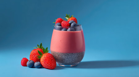 Layered smoothie with berries and chia seeds in glass placed on light background with spaceの素材