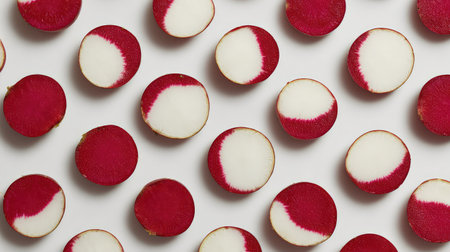 Flat lay of red and white radish slices forming a pattern on clean background with copy spaceの素材