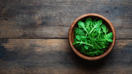 Bowl of fresh arugula and spinach on natural wood table with rustic tone and copy spaceの素材