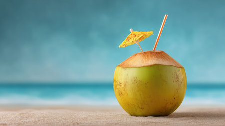Coconut drink with straw placed in half coconut shell on a beach-textured background with spaceの素材