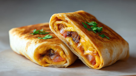 Burrito cut in half showing ingredients inside placed on parchment paper with layout spaceの素材
