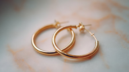 Close-up of gold hoop earrings placed side by side on marble background with soft lighting and spaceの素材